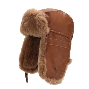 Winter thermal faux leather trapper hat with thick plush lining and ear flaps