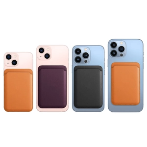 Leather MagSafe wallet for iPhone in orange, purple and black with magnetic attachment