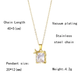 Detail of gold stainless steel necklace with zircon pendant and product dimensions labels