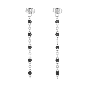 Elegant long silver tassel earrings with black resin beads in a minimalist drop style