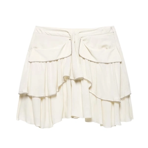 Women Layered Ruffle Mini Skirt Polyester Chiffon Tiered Cake Design With Silver Bead Trim Sexy High Waist