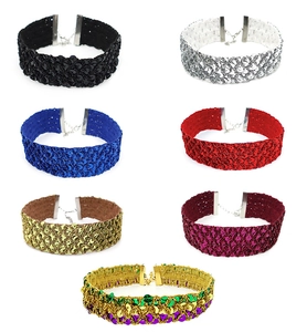Detailed close-up of sequin choker necklaces in seven colors with adjustable metal chains