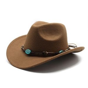 Close-up of brown wool western cowboy hat with turquoise beads and woven leather band