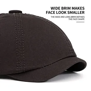 Classic cotton newsboy cap with contrast stitching and wide brim design in dark brown