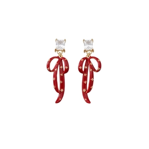 Vintage style red enamel bow earrings with square zircon and golden star patterns