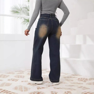 Jeans donna a vita alta con gamba dritta, blu scuro con lavaggio vintage sul retro