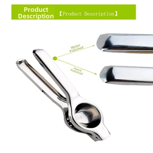 Detail view of 304 stainless steel lemon squeezer with water and hand polishing finish