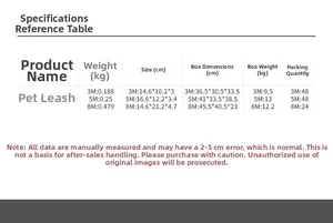 Size guide for retractable dog leash showing 3m, 5m, and 8m length specifications