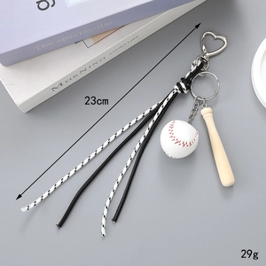 Tennis rope keychain with mini baseball and wooden bat pendant for bag decoration