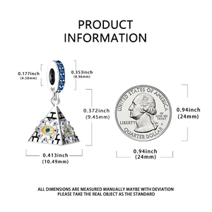 Macro detail of S925 silver pyramid charm showing precise measurements and 4.5mm hole size