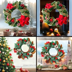 Christmas Wreath Window Stickers PVC Static Cling Pinecone Berry Red Flower Gold Ribbon Decals For Glass Door Home Decoration