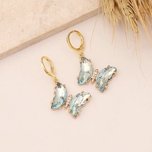 Elegant 18K gold hoop earrings with light blue crystal butterflies and zircon accents