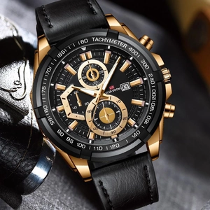 Men's racing chronograph watch with black leather strap and gold case on dark texture
