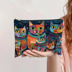 Trousse de maquillage en toile avec motif chat abstrait coloré et fermeture éclair noire