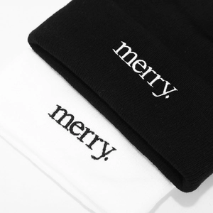 Beanie knit hats in black and white with minimalist merry embroidery for winter outdoor wear