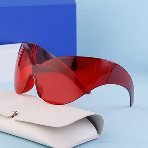 Red one-piece oversized wrap-around sports sunglasses with a white leather carry case