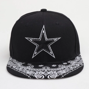 Detailed embroidery of white star on black flat brim baseball cap with paisley pattern