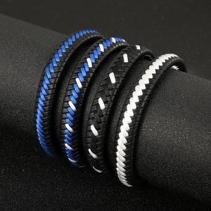 Braided leather bracelets for men with magnetic clasps in blue and white cord accents