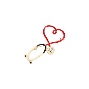 Detailed close-up of a heart stethoscope enamel pin with red finish and crystal accent