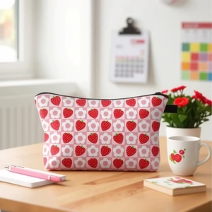 Strawberry Print Makeup Bag Polyester Large Capacity Portable Double Sided Cosmetic Organizer Toiletry Travel Pouch Cute Women