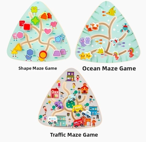 Detailed view of wooden logic maze toys in shape, ocean, and traffic themes