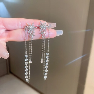 Détail de la boucle d'oreille papillon argentée avec longs pompons et cristaux étoiles