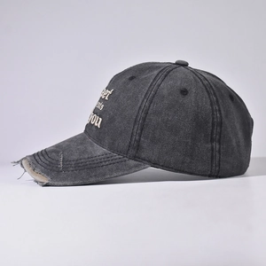 Vintage washed dark grey cotton baseball cap with embroidered sweet moment text and frayed brim