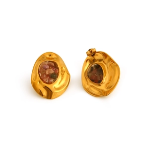 Boucles d'oreilles en acier inoxydable doré irrégulier avec incrustation de pierres