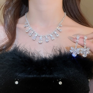 Detailed macro view of silver zircon water drop tassel necklace and floral earrings set