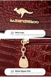 Macro detail of wine red crocodile embossed leather with gold kangaroo logo and zipper