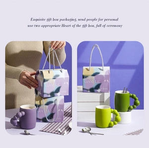 Exquisite ceramic mug set with bubble handles in purple and green gift box packaging