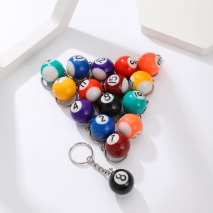 Detailed view of the resin black number 8 pool ball keychain with a chrome metal ring