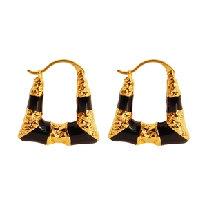Vintage abstract geometric trapezoid earrings with black enamel and gold textured finish