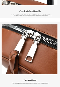 Detail of brown leather bag showing reinforced stitching and smooth metal zippers