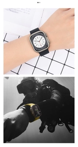 Detail of yellow ocean silicone strap on a silver metal smartwatch for diving use