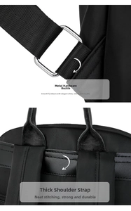 Detail of hardware buckle and thickened shoulder straps on black nylon backpack