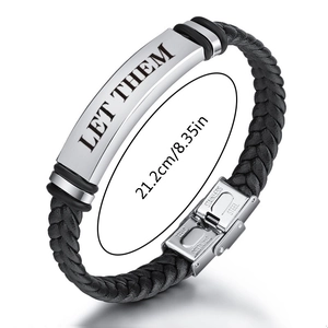 Braided leather stainless steel bracelet with 'LET THEM' engraving for men, 21.2cm length