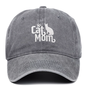 Vintage washed grey cotton baseball cap with Cat Mom embroidery and cat silhouette