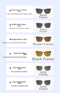 Detailed grid of polarized square sunglasses in various frame colors and lens tints
