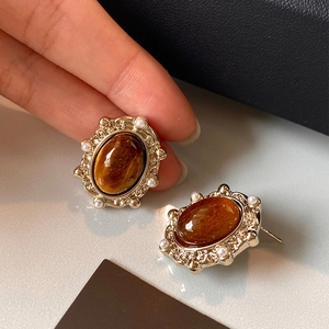 Boucles D Oreilles Puces Vintage Palais Oval Pierre Oeil De Tigre Avec Tige En Argent Et Künstliche Perle D Imitation Luxe