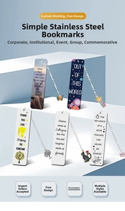 Detailed view of custom stainless steel bookmarks with metal pendants and quotes