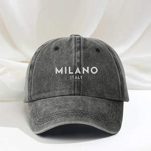 Adjustable washed cotton baseball cap in charcoal grey with white Milano Italy print