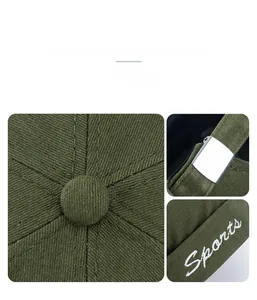 Detail view of army green cotton docker hat with Sports embroidery and metal buckle