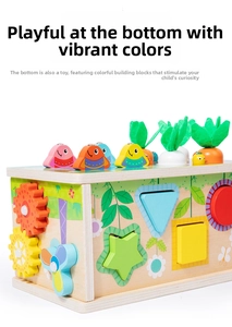Educational wooden toy box showing color sorting gears and geometric shape matching puzzles