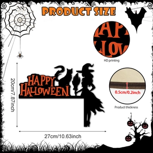 Halloween wooden door corner sign with black witch cat silhouette and Happy Halloween text