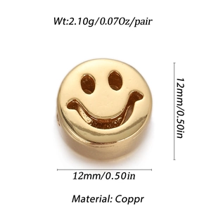 Detailed close-up of 12mm gold copper smiley face pendant with dimensions and weight