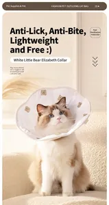 Gato con collar isabelino blanco y estampado de oso para postoperatorio