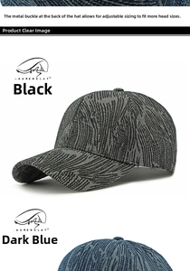 Detail of adjustable metal buckle and textured fabric on casual denim baseball caps