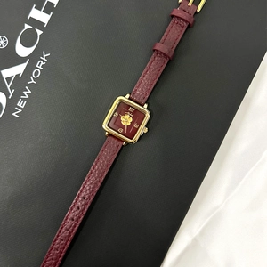 Detail of burgundy leather watch with gold clover dial in luxury gift packaging