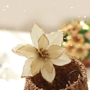 Elegant 13cm cream sequined Christmas flower in a rustic basket decoration
